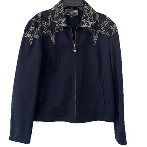 St. John Sport By Marie Gray Rhinestone Star Jacket Navy Zip Designer Women P